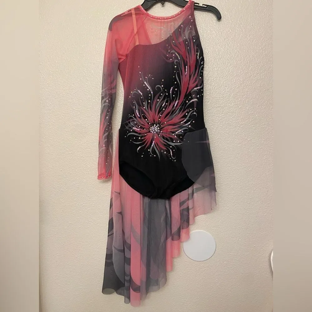 Lyrical skating solo dance costume black pink floral rhinestone ballet dress XLC